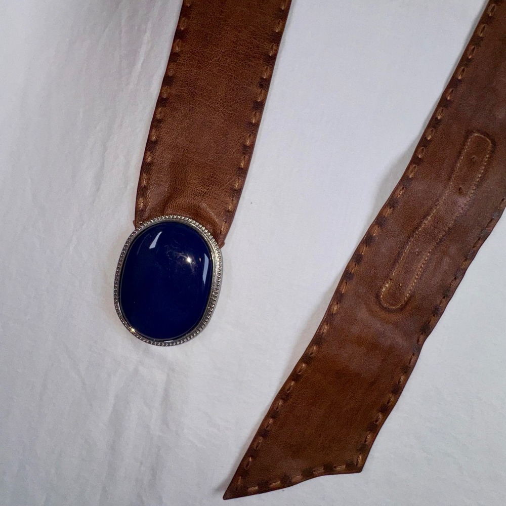 Chico's Wrap Belt Women Large Brown Blue Cabochon Leather Whipstitch Sash